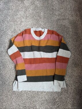 Madewell Striped Ribbed Crewneck Sweater in Pink, Mustard & Gray